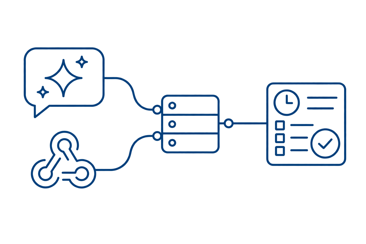AI assistant and webhook signals connect through a server to a time record ready for review