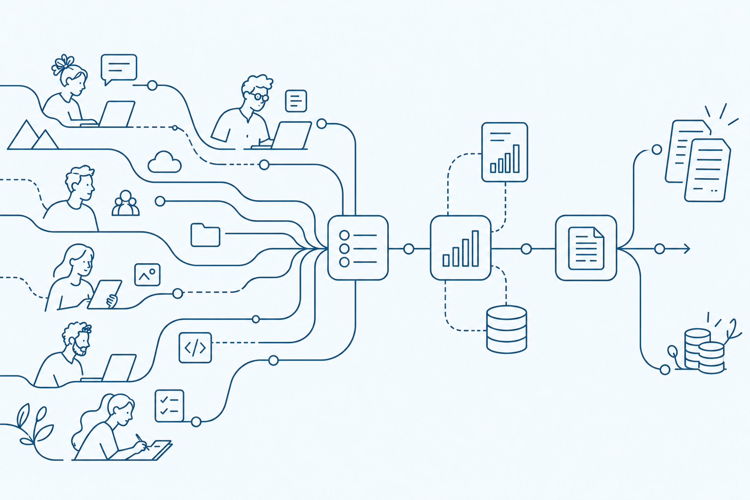 People and scattered work connect into an organized flow of projects, time records, reporting and billing
